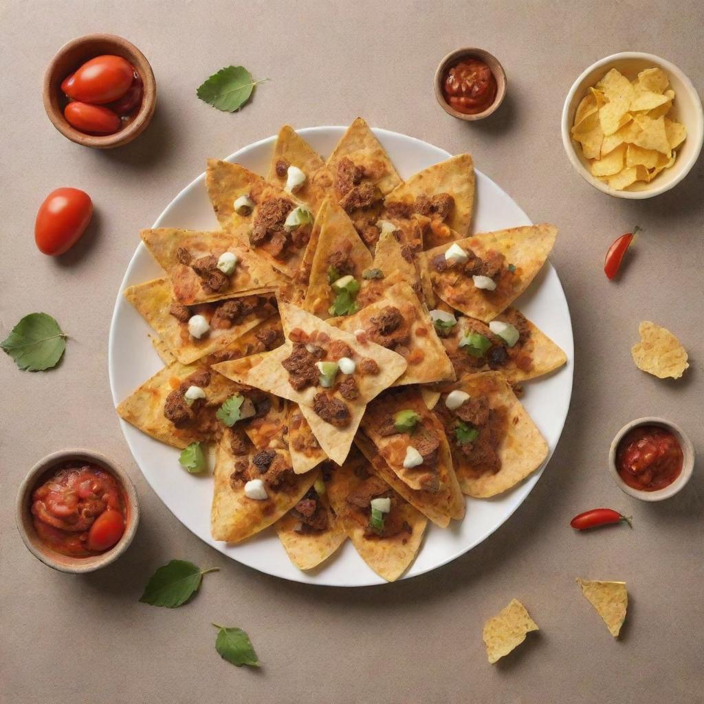 Generate an appetizing image of nachos and karanji, snacks from various culinary traditions, showcased together. Make sure they look tantalizing and delicious, set against a neutral background to let the food stand out.