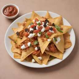 Generate an appetizing image of nachos and karanji, snacks from various culinary traditions, showcased together. Make sure they look tantalizing and delicious, set against a neutral background to let the food stand out.