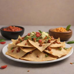 Generate an appetizing image of nachos and karanji, snacks from various culinary traditions, showcased together. Make sure they look tantalizing and delicious, set against a neutral background to let the food stand out.