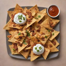 Generate an appetizing image of nachos and karanji, snacks from various culinary traditions, showcased together. Make sure they look tantalizing and delicious, set against a neutral background to let the food stand out.