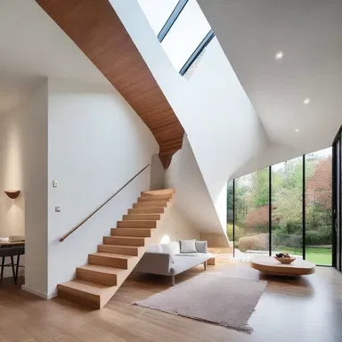 The architect designed the house with sloping walls and ceilings to create a unique and modern aesthetic.