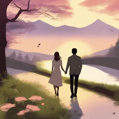 They took a leisurely stroll along the sloping path, hand in hand, enjoying the beautiful sunset together.