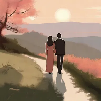 They took a leisurely stroll along the sloping path, hand in hand, enjoying the beautiful sunset together.