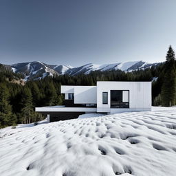 Avant-garde, white minimalist home situated in a serene, snowy mountain landscape. Architecture photo.