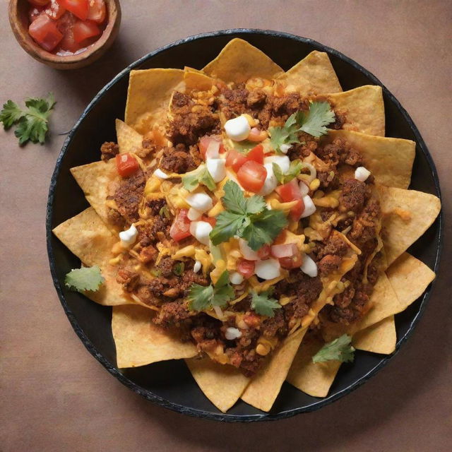 Generate a vibrant image showcasing karanji and nachos, illustrating both delicacies in great detail. Depict the unique textures, colors, and details of these dishes, making them look mouthwatering and enticing.