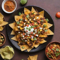 Generate a vibrant image showcasing karanji and nachos, illustrating both delicacies in great detail. Depict the unique textures, colors, and details of these dishes, making them look mouthwatering and enticing.