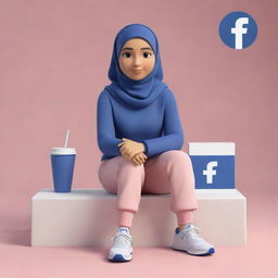 Generate a 3D scene featuring an animated character, casually dressed with a hijab and sneakers, sitting atop a Facebook logo. Set this scene against the backdrop of a social media profile page, bearing the username 'Ayat' and a relevant profile picture.