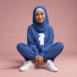 Generate a 3D scene featuring an animated character, casually dressed with a hijab and sneakers, sitting atop a Facebook logo. Set this scene against the backdrop of a social media profile page, bearing the username 'Ayat' and a relevant profile picture.