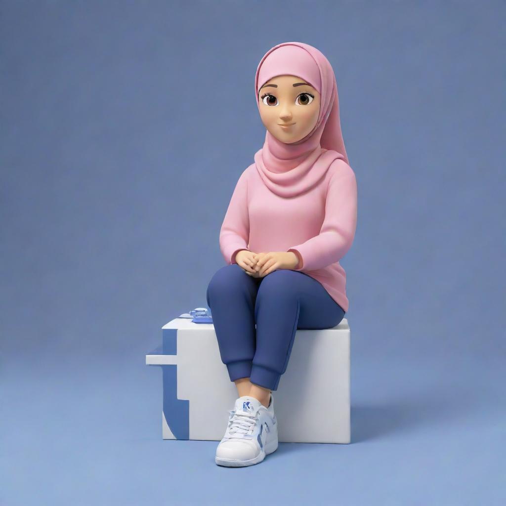 Generate a 3D scene featuring an animated character, casually dressed with a hijab and sneakers, sitting atop a Facebook logo. Set this scene against the backdrop of a social media profile page, bearing the username 'Ayat' and a relevant profile picture.