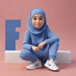 Generate a 3D scene featuring an animated character, casually dressed with a hijab and sneakers, sitting atop a Facebook logo. Set this scene against the backdrop of a social media profile page, bearing the username 'Ayat' and a relevant profile picture.