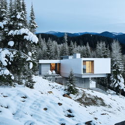 Avant-garde, white minimalist home situated in a serene, snowy mountain landscape. Architecture photo.