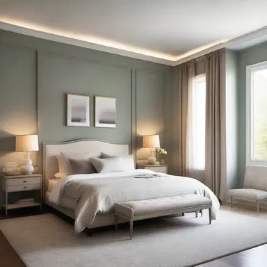 The sleepy atmosphere in this bedroom is created with dim lighting and soft, muted colors.