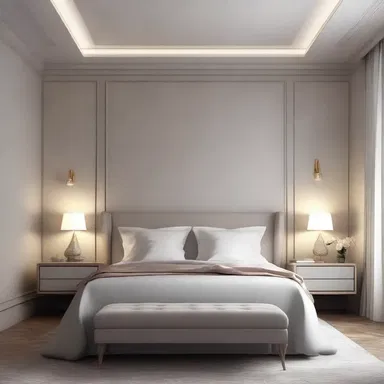 The sleepy atmosphere in this bedroom is created with dim lighting and soft, muted colors.