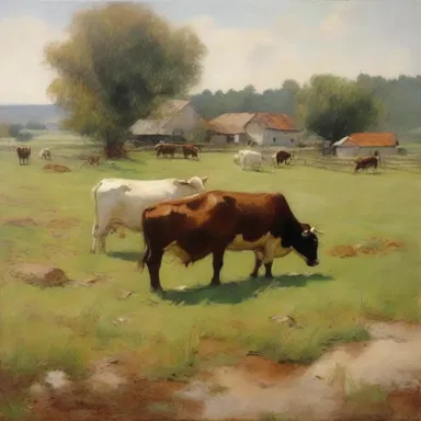 The painting portrayed a peaceful countryside, with sleepy cows lazily grazing in the field.
