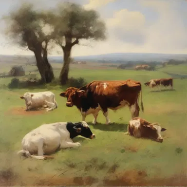 The painting portrayed a peaceful countryside, with sleepy cows lazily grazing in the field.