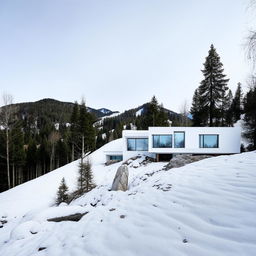 Avant-garde, white minimalist home situated in a serene, snowy mountain landscape. Architecture photo.