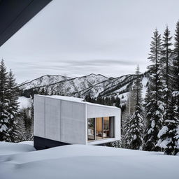 Avant-garde, white minimalist home situated in a serene, snowy mountain landscape. Architecture photo.