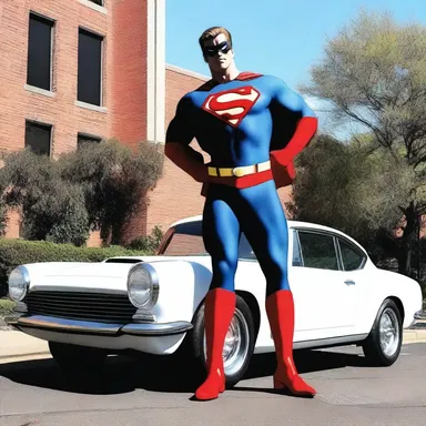 The superhero comic book character effortlessly lifted a car with the help of a jemmy.