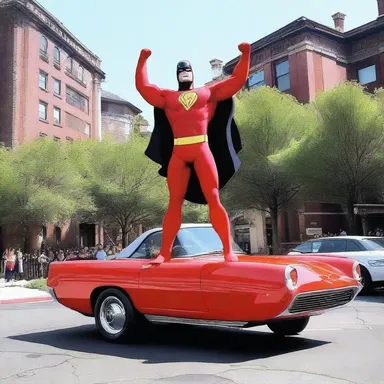 The superhero comic book character effortlessly lifted a car with the help of a jemmy.