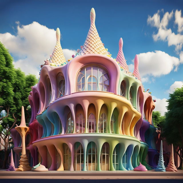 A whimsical city building inspired by Antonio Gaudi, painted in pastel colours and designed to resemble ice cream cones.