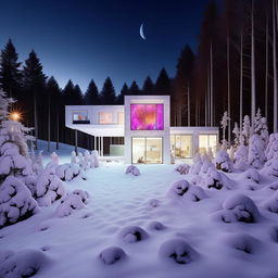 The ultra-filtered, outrageously glowing modern all-white house in a snowy landscape, now surrounded by a fantastical array of vibrant planets, moons, and celestial bodies, all brought to life by its extreme Instagram-induced luminosity.