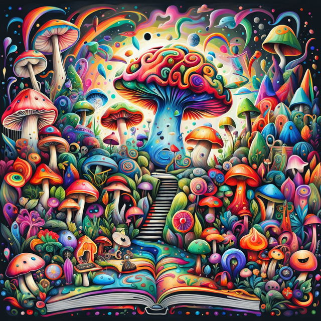 A vibrant, ultra-detailed collage of quirky picture drawings featuring mushrooms, rainbows, a spaceship, aliens, artistic elements, flowers, a brain, plants, trees, the sun, stars, moon, musical instruments, clouds, and food. The image is filled with fun and joy and bursts with vibrant colors.