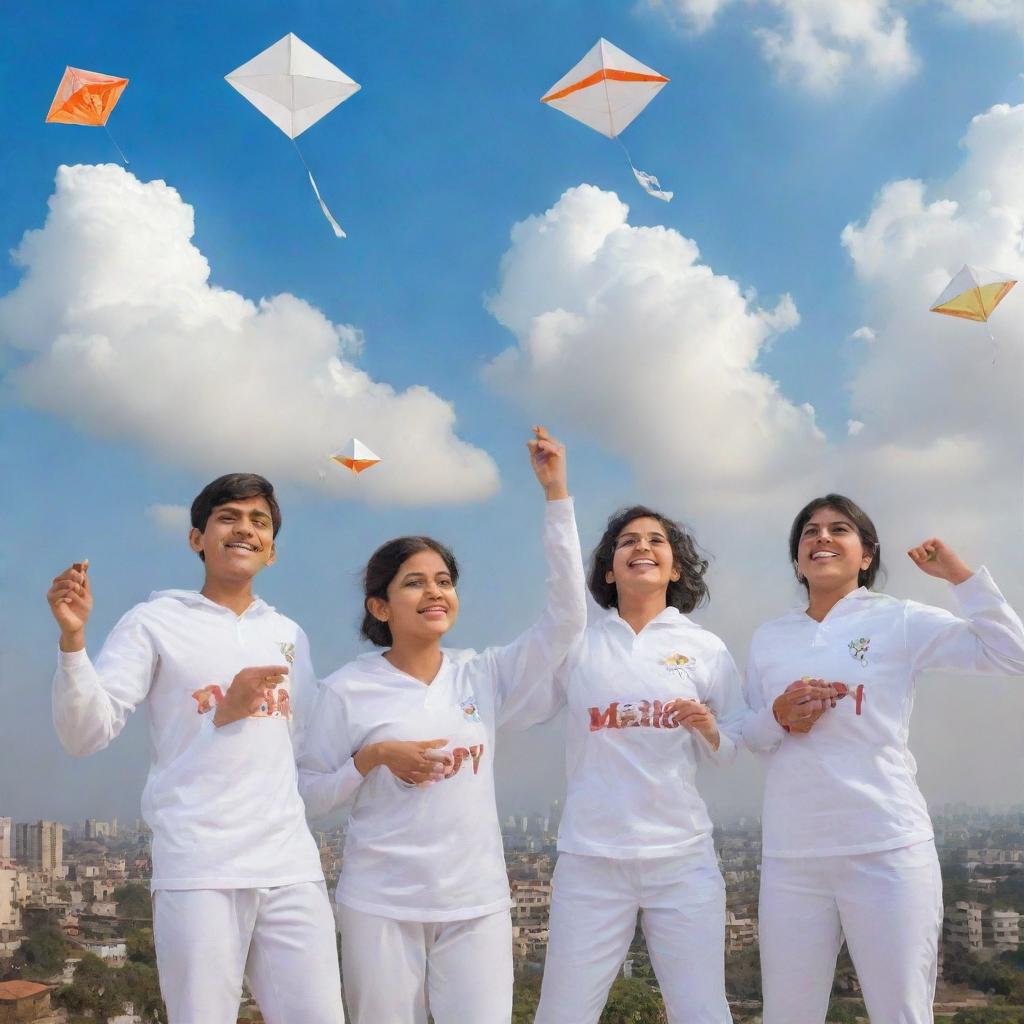 Generate a 3D image featuring Shrikant, Patya, Omkar, and Siddhya, all wearing white jerseys with their names on them, enjoying flying kites on a rooftop. The sky is clear, and 'Happy Makar Sankranti 2024' is written amidst the clouds.