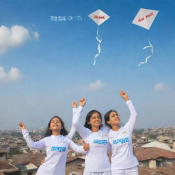 Generate a 3D image featuring Shrikant, Patya, Omkar, and Siddhya, all wearing white jerseys with their names on them, enjoying flying kites on a rooftop. The sky is clear, and 'Happy Makar Sankranti 2024' is written amidst the clouds.