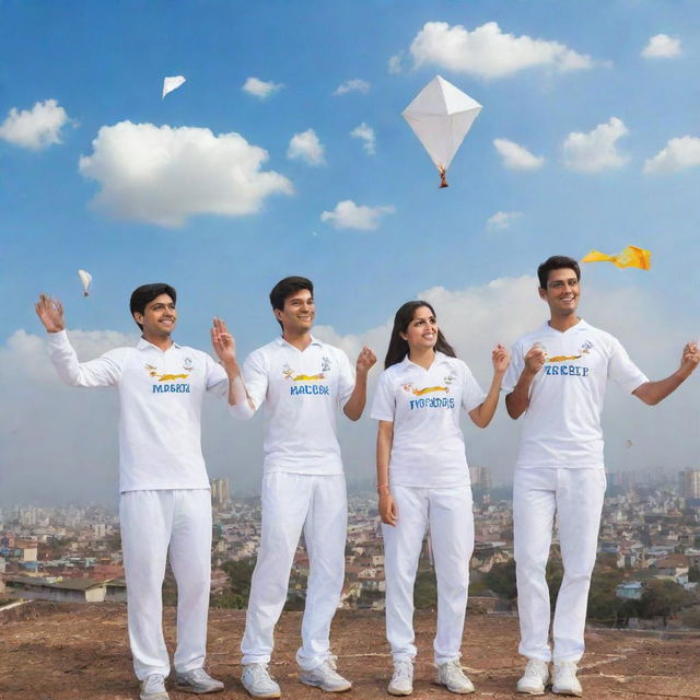 Generate a 3D image featuring Shrikant, Patya, Omkar, and Siddhya, all wearing white jerseys with their names on them, enjoying flying kites on a rooftop. The sky is clear, and 'Happy Makar Sankranti 2024' is written amidst the clouds.