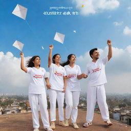 Generate a 3D image featuring Shrikant, Patya, Omkar, and Siddhya, all wearing white jerseys with their names on them, enjoying flying kites on a rooftop. The sky is clear, and 'Happy Makar Sankranti 2024' is written amidst the clouds.