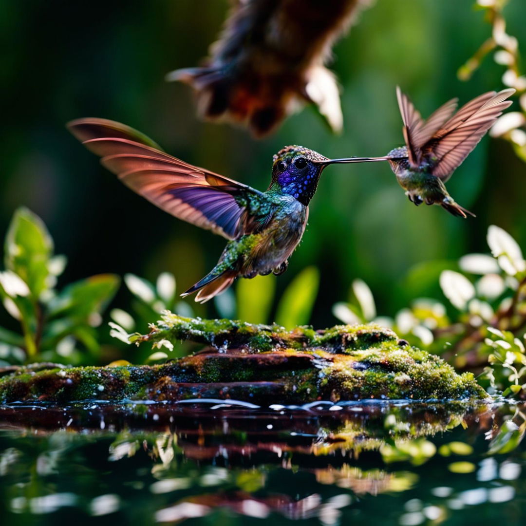 A 32k National Geographic photo capturing a purple hummingbird drinking from a reflective pond, observed by a curious squirrel.