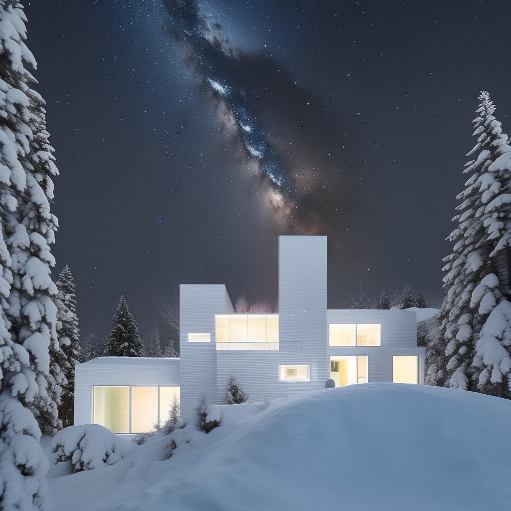 The ultra-filtered, outrageously glowing modern all-white house in a snowy landscape, now surrounded by a fantastical array of vibrant planets, moons, and celestial bodies, all brought to life by its extreme Instagram-induced luminosity.