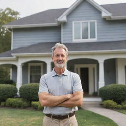 A mature man wearing casual clothes confidently standing in front of a charming suburban house with a manicured front yard