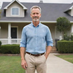 A mature man wearing casual clothes confidently standing in front of a charming suburban house with a manicured front yard