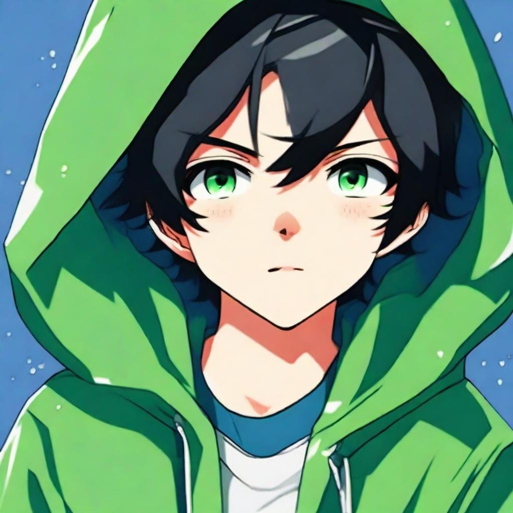 An anime-style digital art image showcasing a boy with black hair and striking green eyes, appearing cheerful