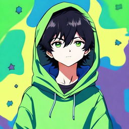 An anime-style digital art image showcasing a boy with black hair and striking green eyes, appearing cheerful