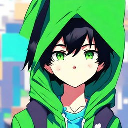 An anime-style digital art image showcasing a boy with black hair and striking green eyes, appearing cheerful