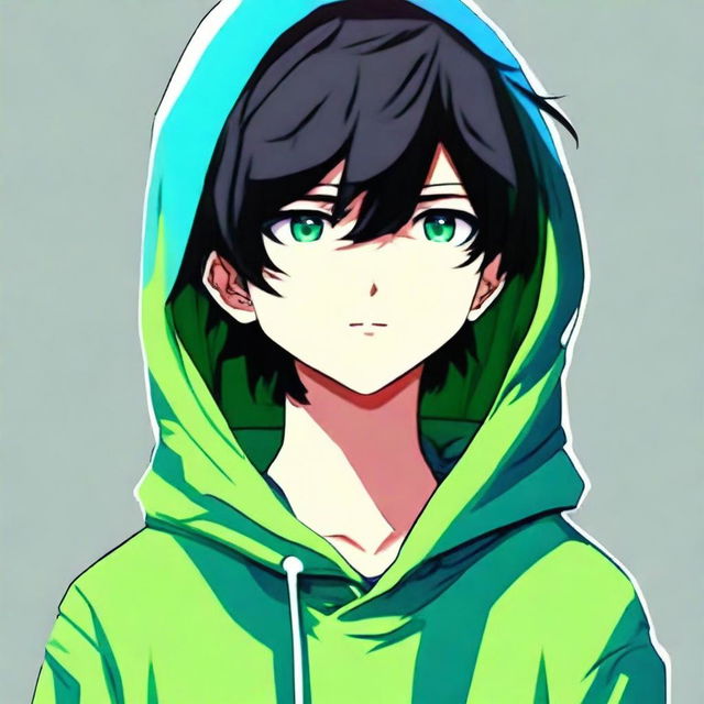 An anime-style digital art image showcasing a boy with black hair and striking green eyes, appearing cheerful