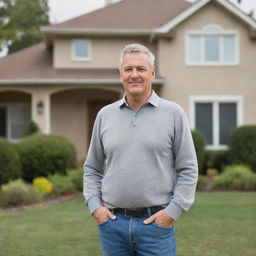 A mature man wearing casual clothes confidently standing in front of a charming suburban house with a manicured front yard