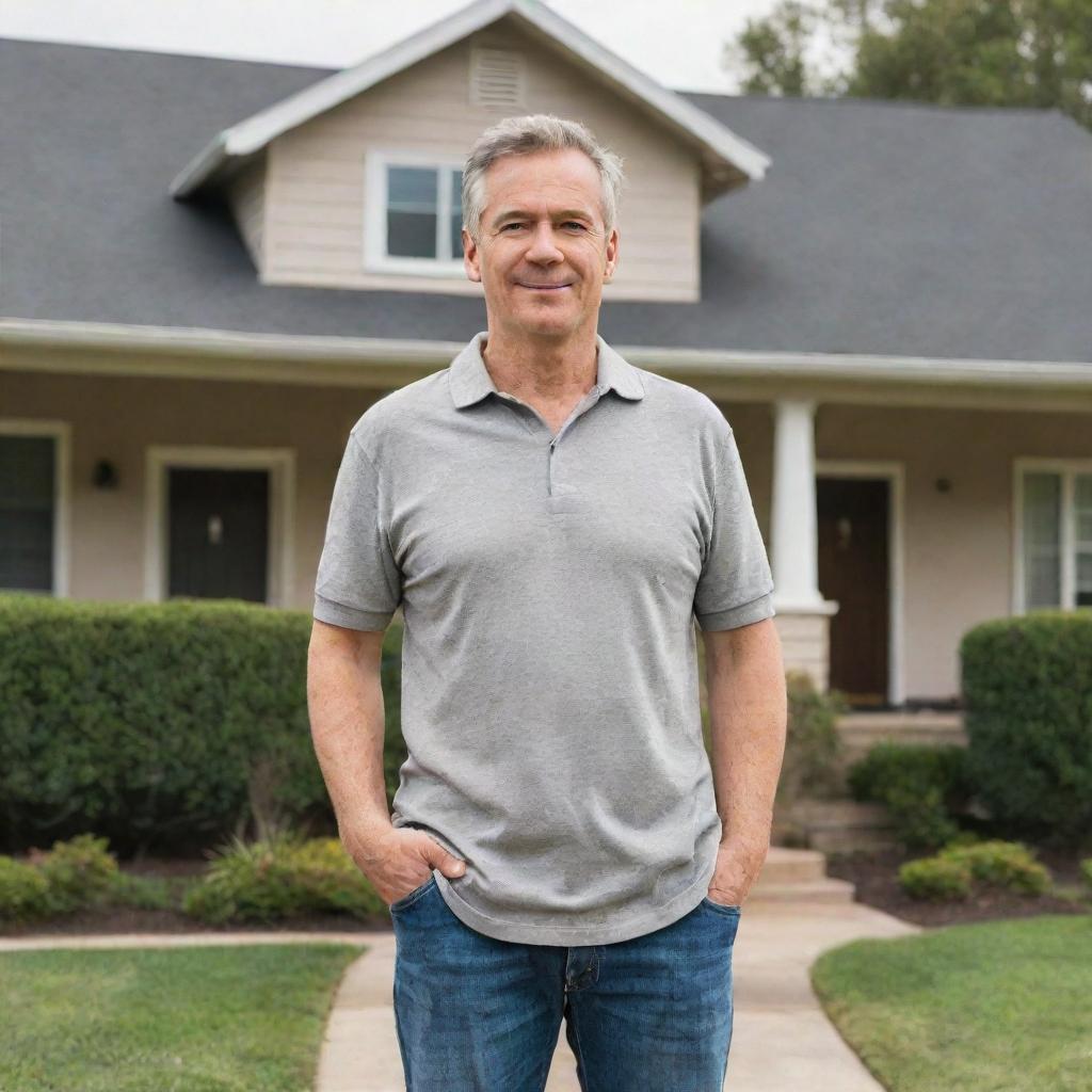 A mature man wearing casual clothes confidently standing in front of a charming suburban house with a manicured front yard