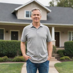 A mature man wearing casual clothes confidently standing in front of a charming suburban house with a manicured front yard