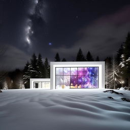 The ultra-filtered, outrageously glowing modern all-white house in a snowy landscape, now surrounded by a fantastical array of vibrant planets, moons, and celestial bodies, all brought to life by its extreme Instagram-induced luminosity.