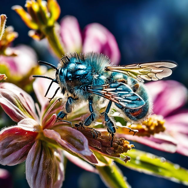 Closeup photograph of a baby blue bee on a pink flower under bright sunlight.