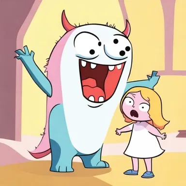 In the cartoon episode, the cute little character looked frightened when faced with the unexpected monster.