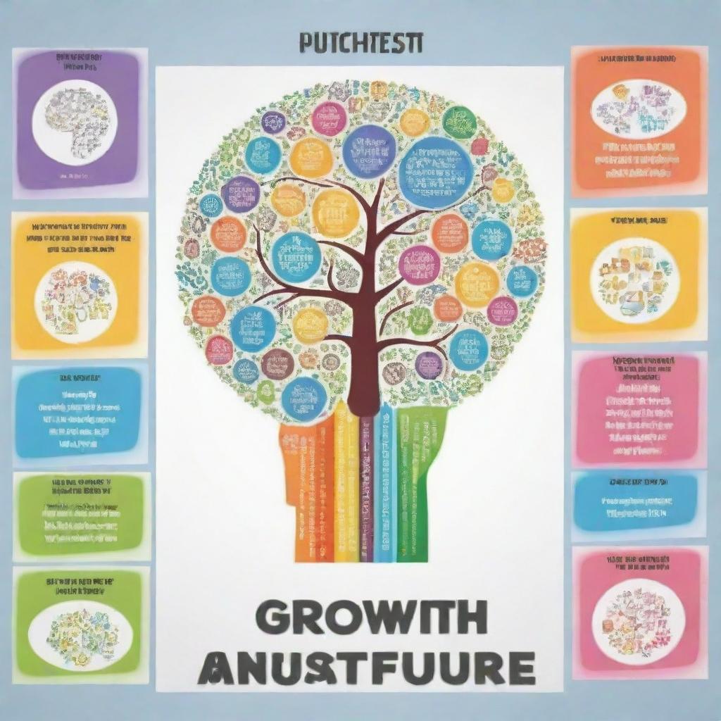 Create a poster themed on 'growth mindset for a better future' and a sub-theme on mental health. Implement a positive and motivating design with representative symbols and motivational quotes promoting mental well-being and personal development.