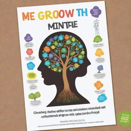 Create a poster themed on 'growth mindset for a better future' and a sub-theme on mental health. Implement a positive and motivating design with representative symbols and motivational quotes promoting mental well-being and personal development.