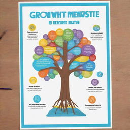 Create a poster themed on 'growth mindset for a better future' and a sub-theme on mental health. Implement a positive and motivating design with representative symbols and motivational quotes promoting mental well-being and personal development.