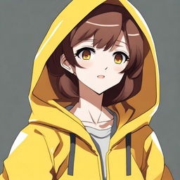 Create a high-quality digital art image of a cheerful anime character with brown hair and brown eyes