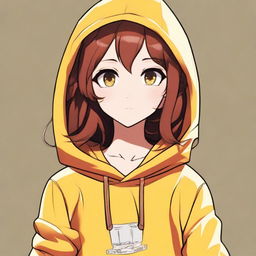 Create a high-quality digital art image of a cheerful anime character with brown hair and brown eyes