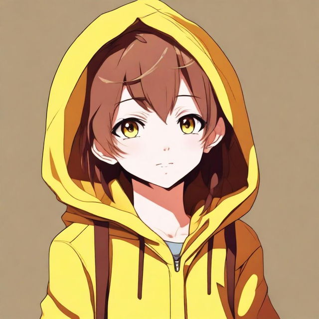 Create a high-quality digital art image of a cheerful anime character with brown hair and brown eyes